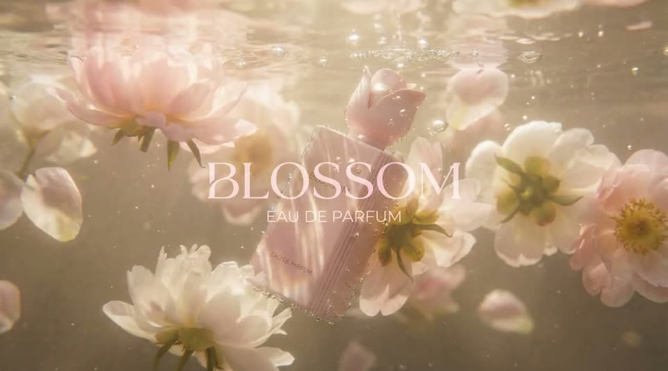 Blossom — perfume bottle among peonies underwater